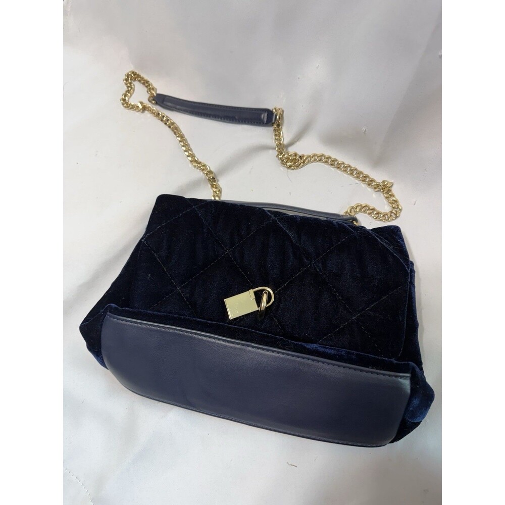 Steve Madden Midnight Navy Blue Velvet Quilted Shoulder Bag Gold Chain Link